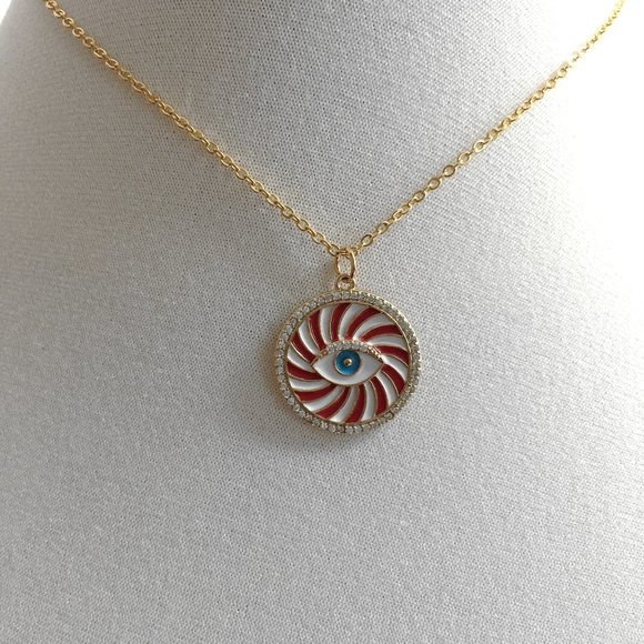 Gold Plated Evil Eye Cubic Zirconia Enamel Charm Pendant Necklace - Picture 3 of 6